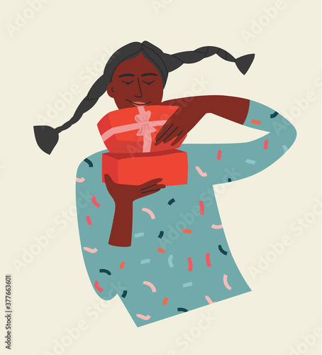 Vector illustration of a girl holding and opening the gift. Illustration of giving and exchanging gifts.