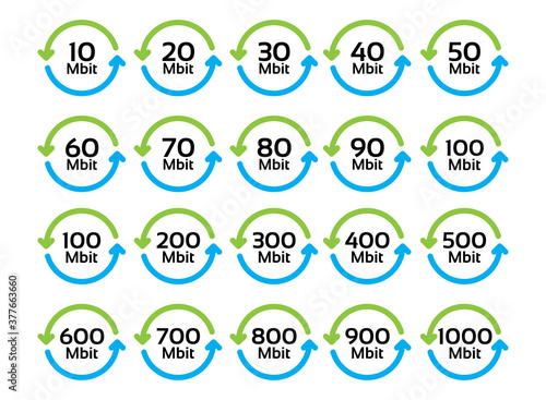 Vector set of icons of network speed from Mbit do Gbit. Internet acceleration. Simple speedometer isolation on a white background