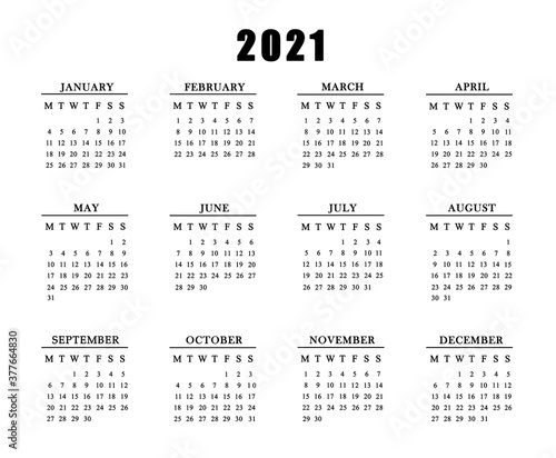 Calendar for 2021 on white background.
