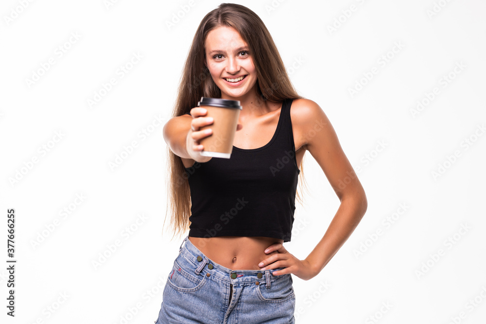 Portrait of a pretty smiling woman drinking cup of coffee to go on white background Portrait of a pretty smiling woman drinking cup of coffee to go on white background