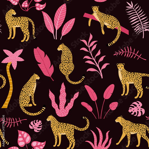 Hand drawn vector seamless pattern with leopards, palm trees and exotic plants on black background. Perfect for fabric, wallpaper or wrapping paper