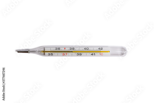 glass thermometer for measuring body temperature with mercury scale, 38 degrees Celsius