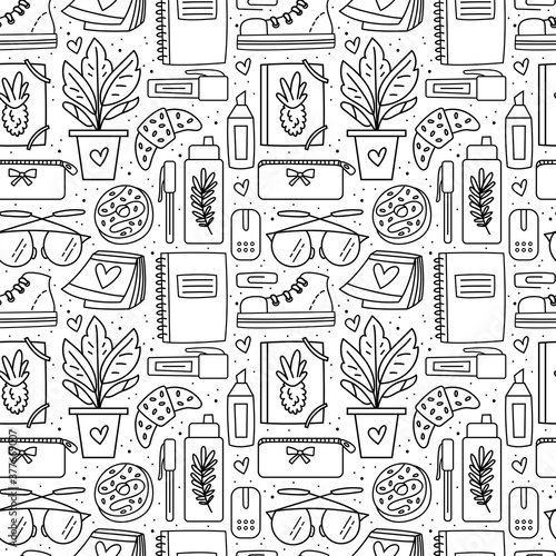 Back to school, office stuff, stationery. Seamless pattern, texture, background. Notebook, glasses, pen, marker, plant, croissant, doughnut, shoe, accessory, device, decor. Black doodle design.