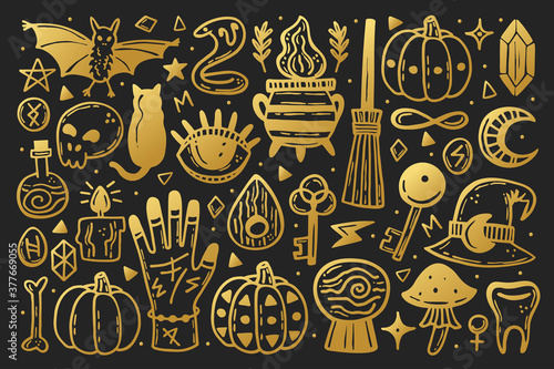 Halloween clip art set of elements. Holiday ink stamps, silhouettes. Eye, black cat, bat, witch hat, pumpkin, key, poison, cauldron, skull, bone, snake, runes, moon. Golden stickers.