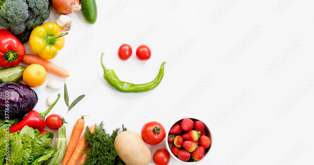 Organic fresh vegetables and fruits frame on white background, top view, copy space Organic fresh vegetables and fruits frame on white background, top view, copy space