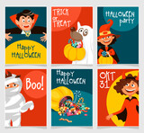 Trick or treat party, dad, mom, kids and dog in Halloween costumes. Set of vector greeting cards in vintage cartoon style.