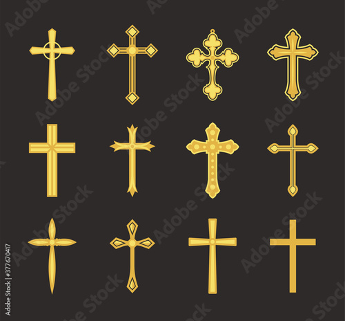 Gold Cross Set Christian Icon Collection on Black Background. Vector