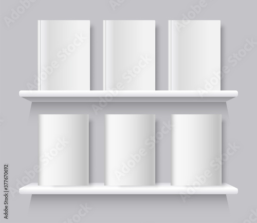 White books on bookshelf. Vector bookshelf wall with blank book front covers, brochure gallery shop shelves template