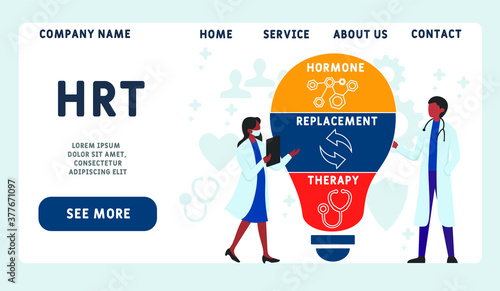 Vector website design template . HRT - Hormone Replacement Therapy acronym, medical concept. illustration for website banner, marketing materials, business presentation, online advertising