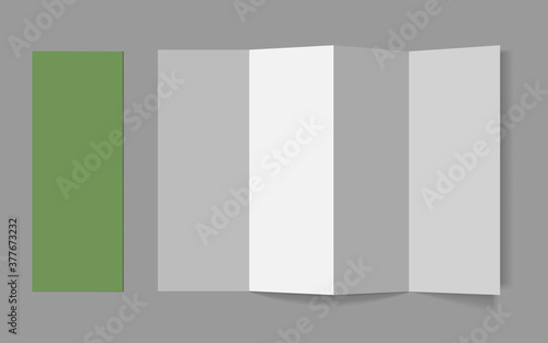 Blank tri fold flyer with cover on gray background. 3D illustration with soft shadows. Vector EPS10 illustration.