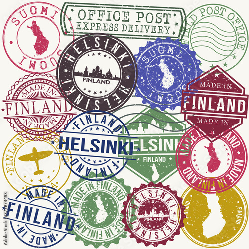Helsinki Finland Set of Stamps. Travel Stamp. Made In Product. Design Seals Old Style Insignia.