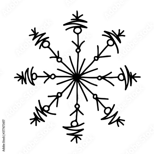 Fototapeta Naklejka Na Ścianę i Meble -  An interesting snowflake with a simple ornament, which consists of a zigzag, circles and small branches.  Black outline drawing on a white background.