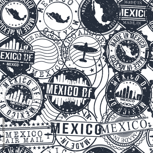 Mexico DF Stamps. City Stamp Vector Art. Postal Passport Travel. Design Set Pattern.