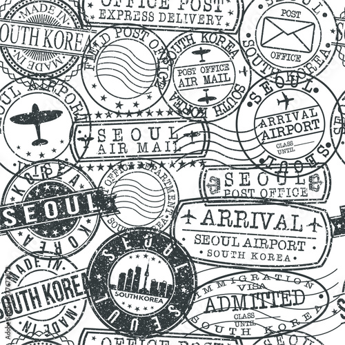 Seoul South Korea Stamps. City Stamp Vector Art. Postal Passport Travel. Design Set Pattern.