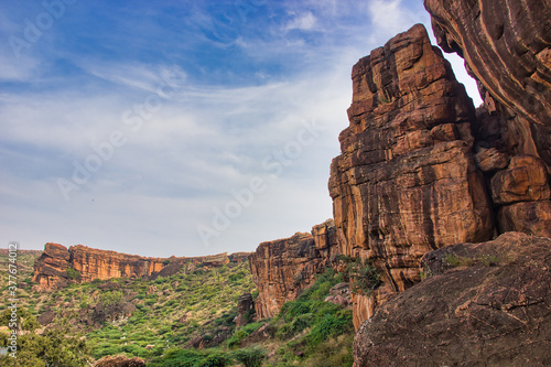 Badami landscape with rocks and historical Hindu and Jain cave temples. Town in the Bagalkot district in northern part of Karnataka, India.