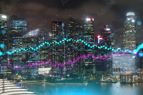 FOREX graph hologram, aerial night panoramic cityscape of Singapore, the developed location for stock market researchers in Asia. The concept of fundamental analysis. Double exposure.