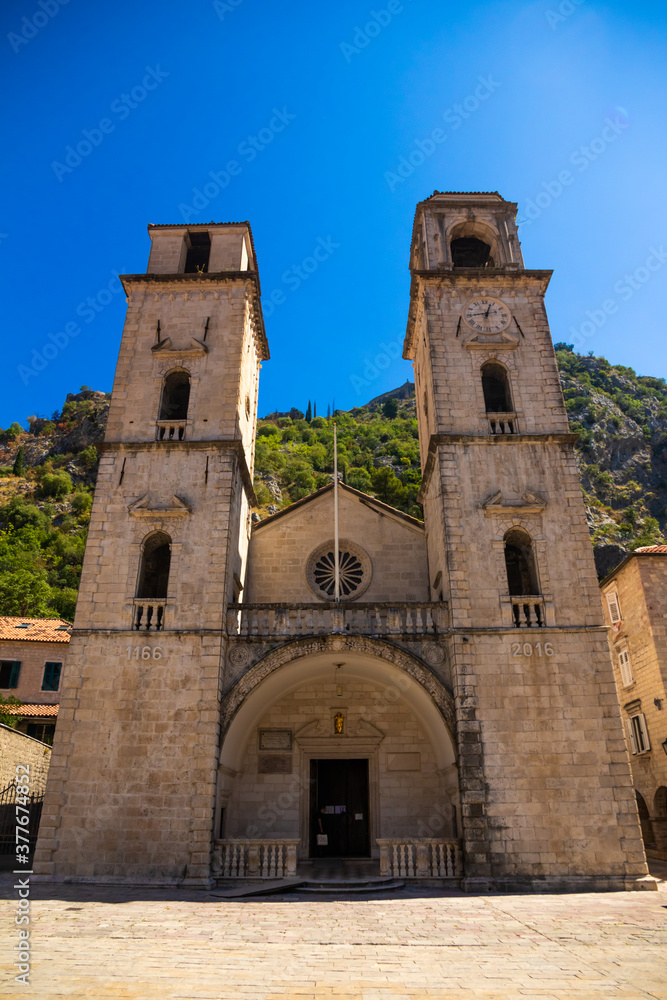 Old monastery in the European city of Kotor on the shores of the Adriatic sea against the backdrop of mountains