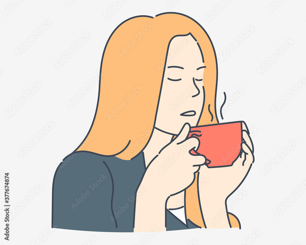 Coffee time, relaxation, cozy concept. Young woman or girl enjoys having coffee in the morning. Hand drawn style vector design illustrations. Coffee time, relaxation, cozy concept. Young woman or girl enjoys having coffee in the morning. Hand drawn style vector design illustrations.