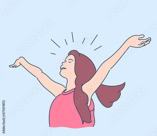 Joy, approval, happiness concept. Happy cheerful young woman. Hand drawn style vector design illustrations.