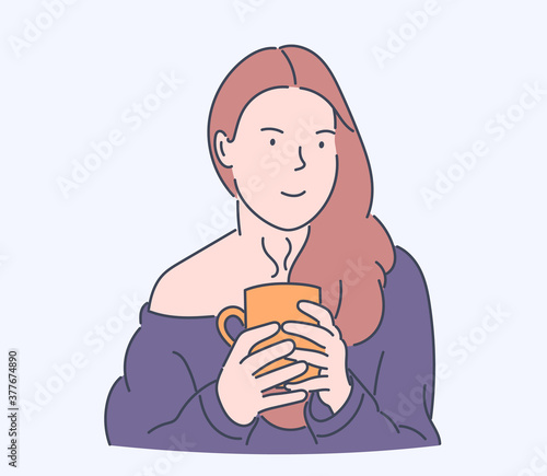 Coffee time, relaxation, cozy concept. Young woman or girl enjoys  having coffee in the morning. Hand drawn style vector design illustrations.
