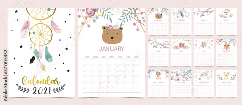 Cute boho calendar 2021 with bear, dreamcatcher, feather for children, kid, baby