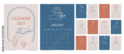 line hand calendar 2021 with rose,flower,crystal,sun in boho style