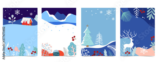 Collection of winter background set with tree,raindeer,flower,leaves.Editable vector illustration for christmas invitation,postcard and website banner