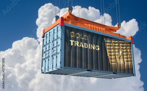 Cargo container with advertising for Gold Trading on the site panel. 3D Rendering