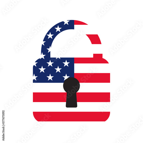 USA flag lock symbol. US lockdown. USA flag padlock. Vector.