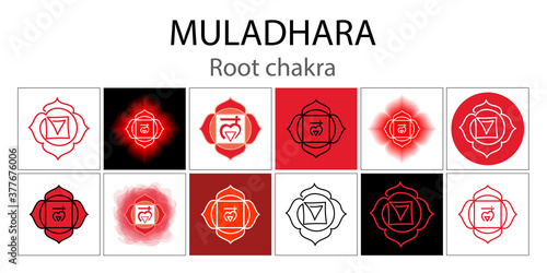 Muladhara icon set. The first root chakra. Vector red gloss and shine. One line symbol. Outline sacral sign collection. Meditation