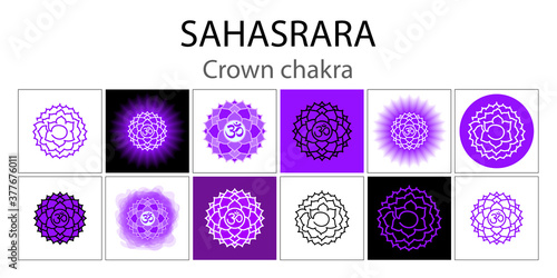 Sahasrara icon set. The seventh crown, parietal chakra. Vector purple gloss and shine. One line symbol. Outline sacral sign. Meditation