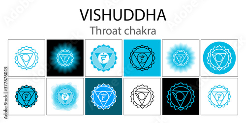 Vishuddha icon set. The fifth guttural chakra. Vector blue gloss and shine. One line symbol. Outline sacral sign collection. Meditation