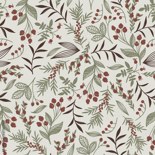 BEIGE WALLPAPER WITH A PICTURE OF AUTUMN BERRIES