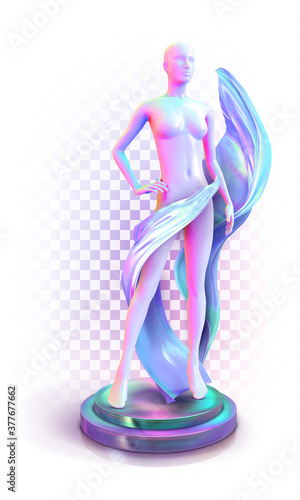 Fashionable naked female plastic mannequin stand on the podium with flying fabric. Shop window presentation, fashion design, fashion show. Vector 3d illustration isolated on white background.