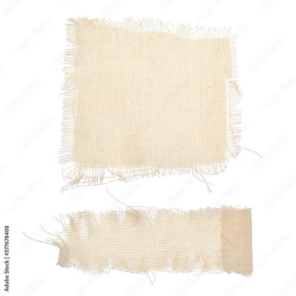 Square and rectangular pieces of torn fabric with an uneven edge. Canvas  texture isolated on a white background. Empty background. Patch for clothes,  cut clothes, dry waste. Stock Photo