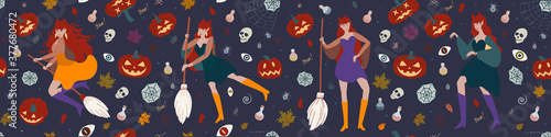 Banner with a witch, pumpkins, spiders. halloween