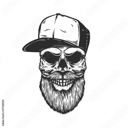 Illustration of bearded skull in baseball cap in engraving style. Design element for logo, emblem, sign, poster, card, banner. Vector illustration