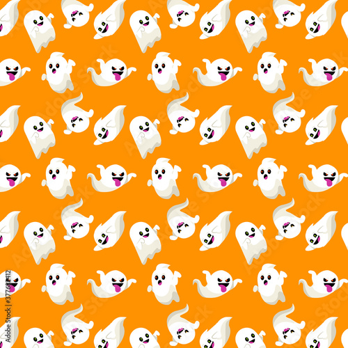  Seamless pattern with cartoon ghosts on an orange background. Halloween pattern. Great design for fabric  gift wrapping background  wallpaper  surface  web design. Stock vector illustration