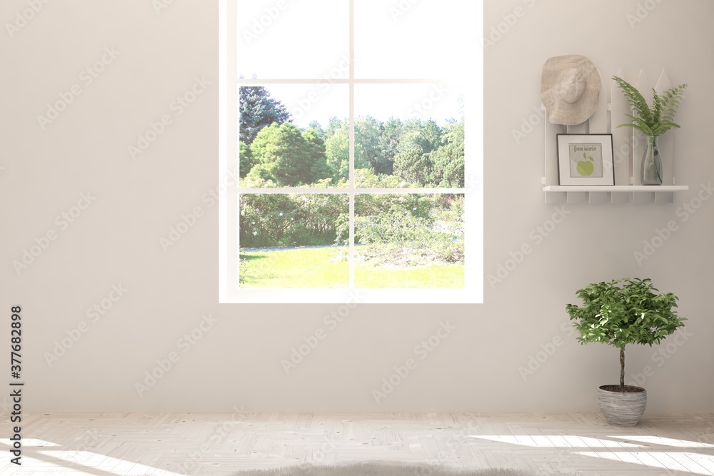 Fototapeta premium White empty room with summer landscape in window. Scandinavian interior design. 3D illustration