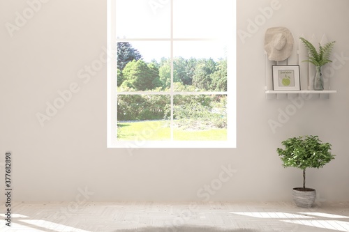 White empty room with summer landscape in window. Scandinavian interior design. 3D illustration © AntonSh