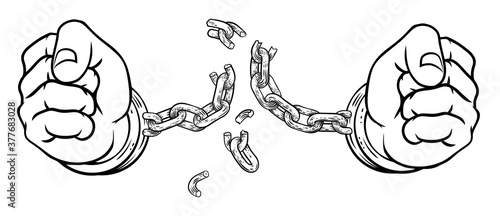 Hands in fists breaking the chain of shackle cuffs freedom concept design