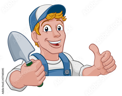 A gardener, handyman or farmer cartoon caretaker contractor man holding a garden spade tool. Peeking over a sign and giving a thumbs up