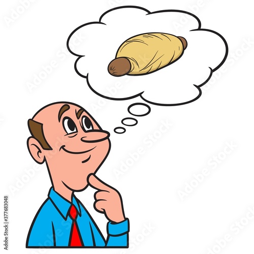 Thinking about a Kolache - A cartoon illustration of a man thinking about having a Kolache for Lunch.