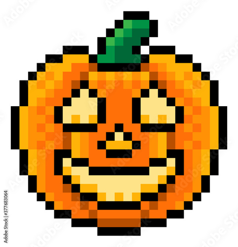 A Halloween pumpkin carved lantern face eight bit retro video game style pixel art icon