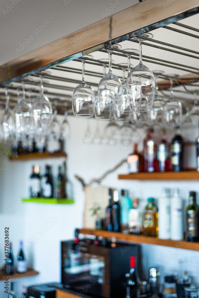 Collection of wine glasses on a bar
