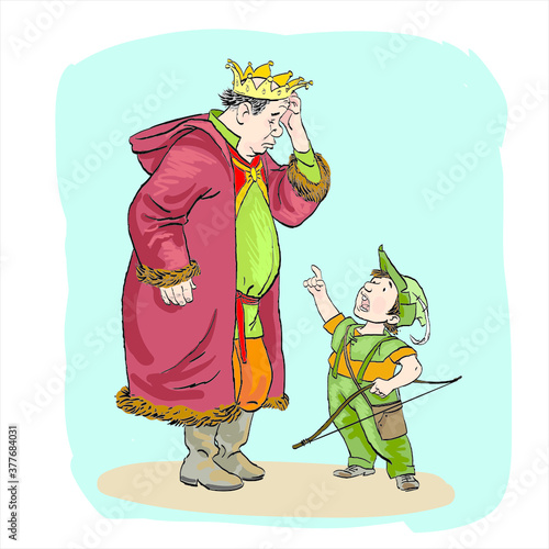 Little Robin Hood and a King  Cheeky boy and King Richard. The puzzled king and little Robin Hood.