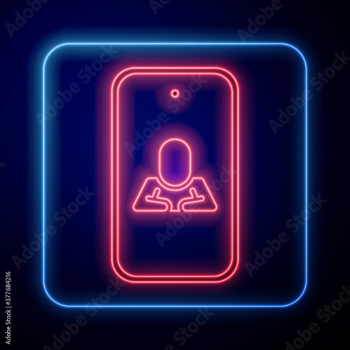 Glowing neon Online psychological counseling distance icon isolated on blue background. Psychotherapy, psychological help, psychiatrist online consulting. Vector.
