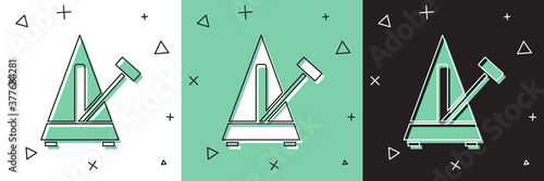Set Classic Metronome with pendulum in motion icon isolated on white and green, black background. Equipment of music and beat mechanism. Vector.