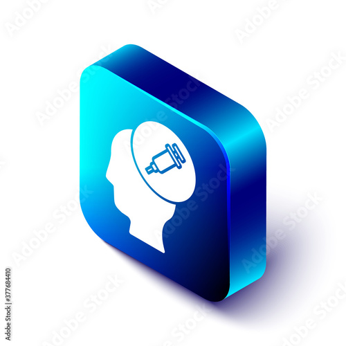 Isometric Addiction to the drug icon isolated on white background. Heroin, narcotic, addiction, illegal. Sick junkie with a syringe and medical pills. Blue square button. Vector.