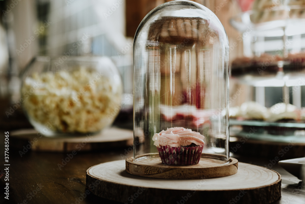 glass dome with a cupcake inside. Detail of a candy bar.
